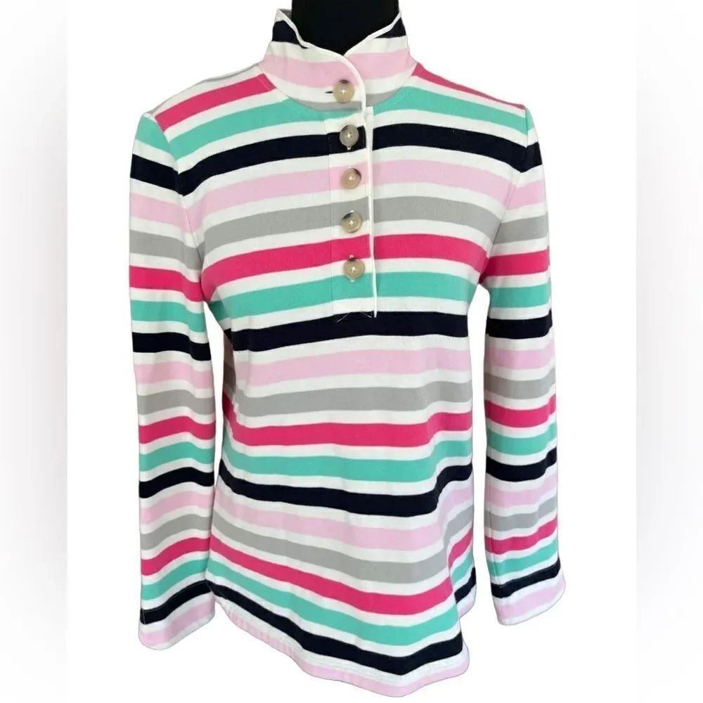 Talbots striped button front sweatshirt with stand up collar, size Small